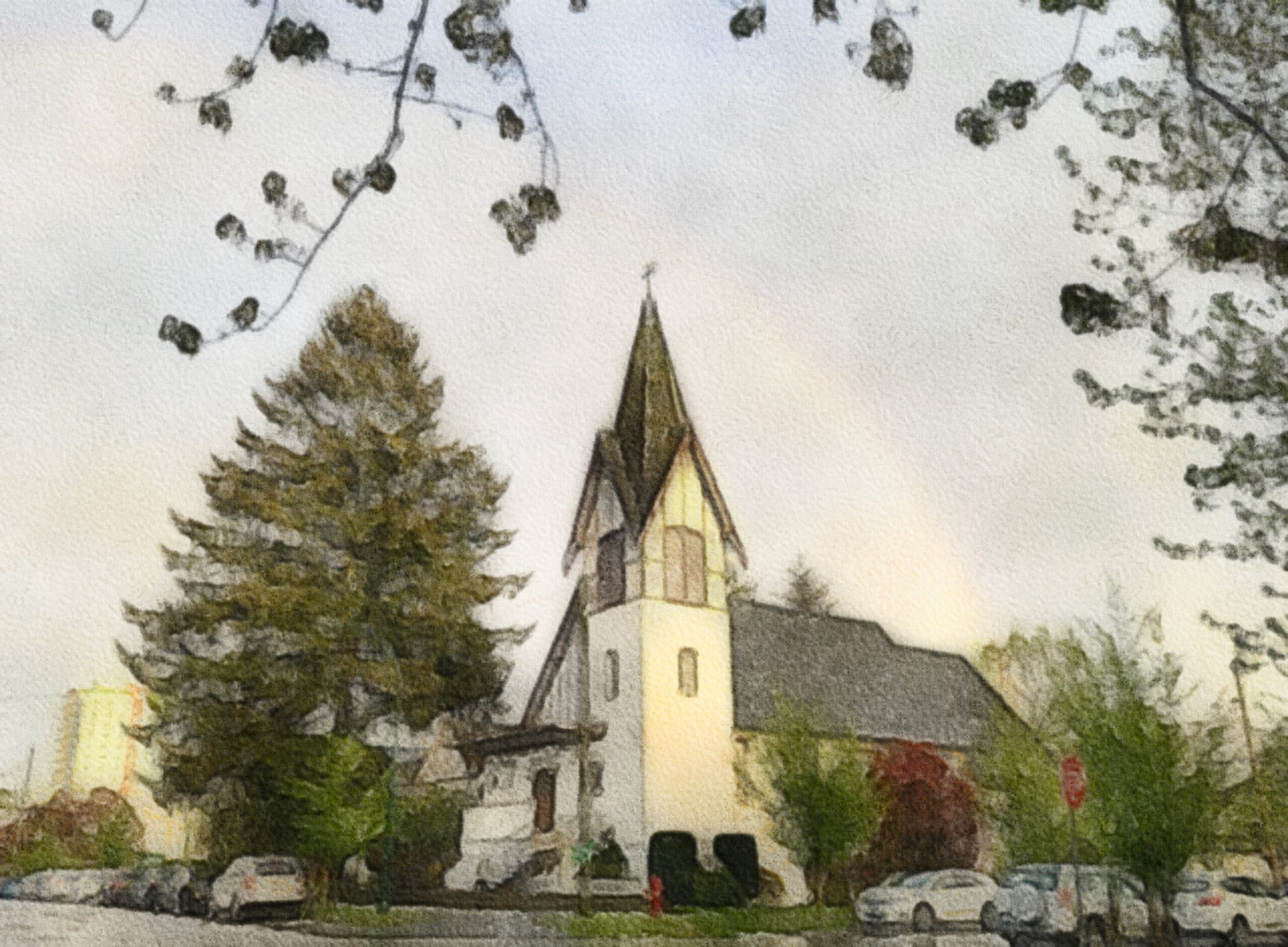 Watercolour painting of the Hope Church building at 900 East 19th Avenue